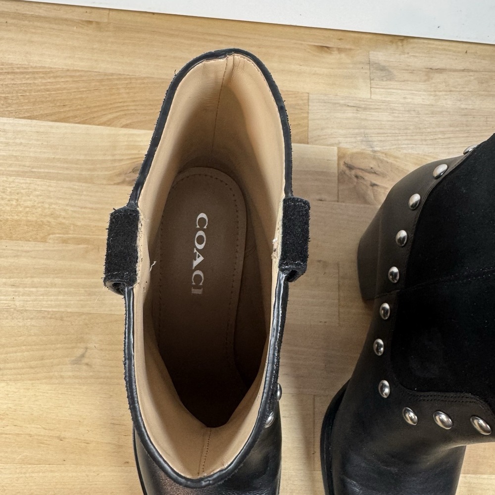 COACH Women's CM600 Black Leather & Suede Studded Ankle Western Boots Size 8B - Picture 2 of 16